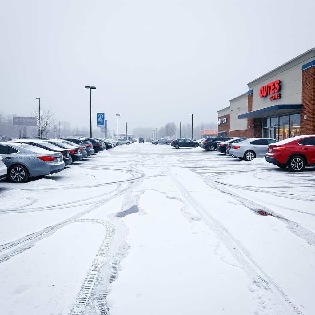 Snow- and ice-covered commercial parking lot in the Fraser Valley
