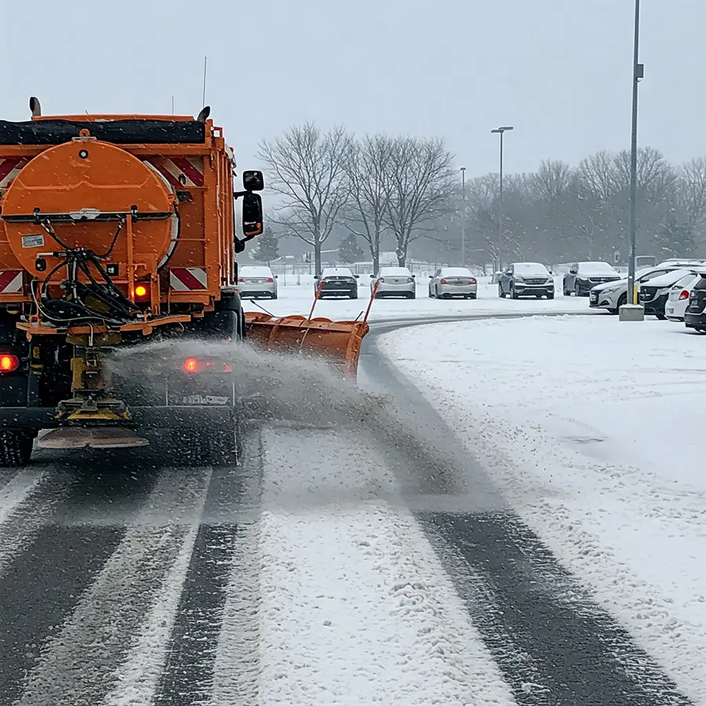 Plow truck salting a commercial parking lot