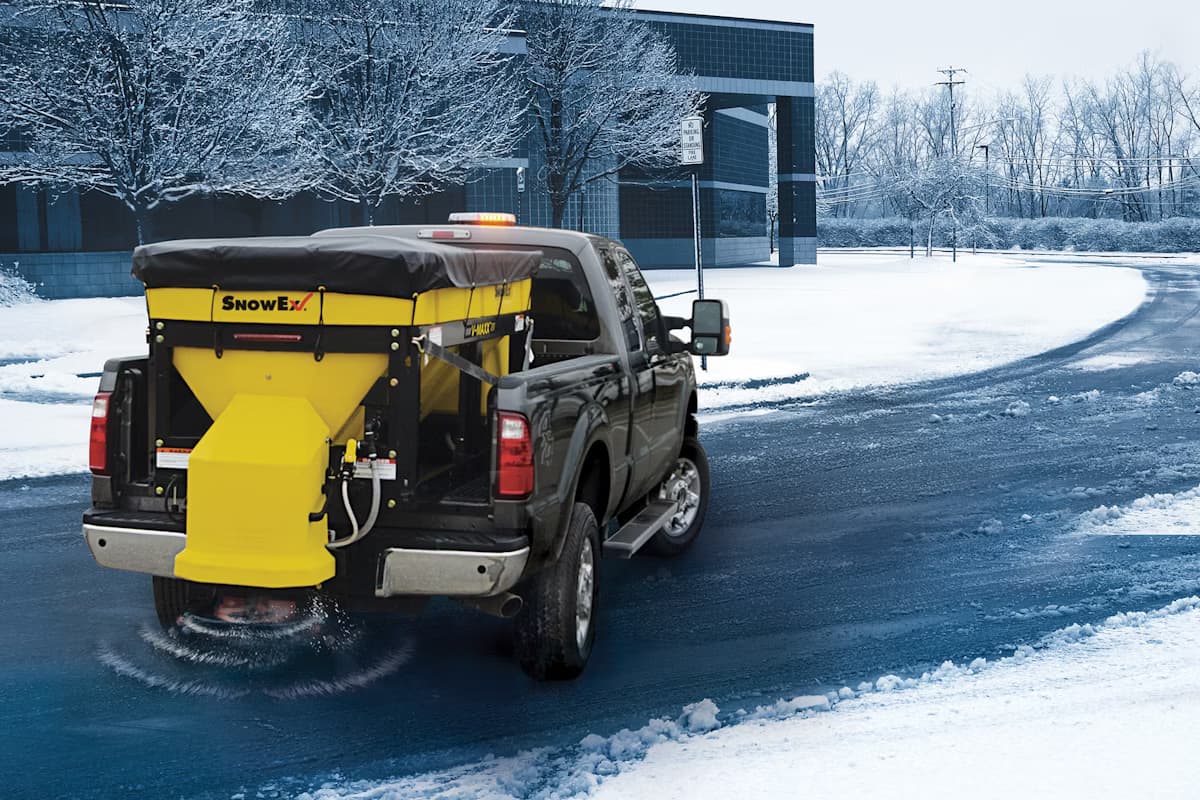 V-box salt spreader mounted on a service truck